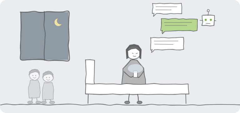 Подросток переписывается с чат-ботом, рядом ждут друзья
