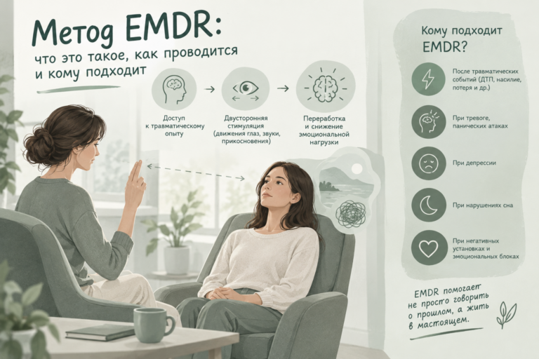 Сеанс EMDR: психолог проводит двустороннюю стимуляцию движениями руки, клиентка следит взглядом