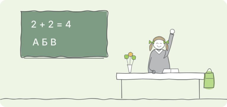 Первоклассница за партой тянет руку, на доске «2 + 2 = 4»
